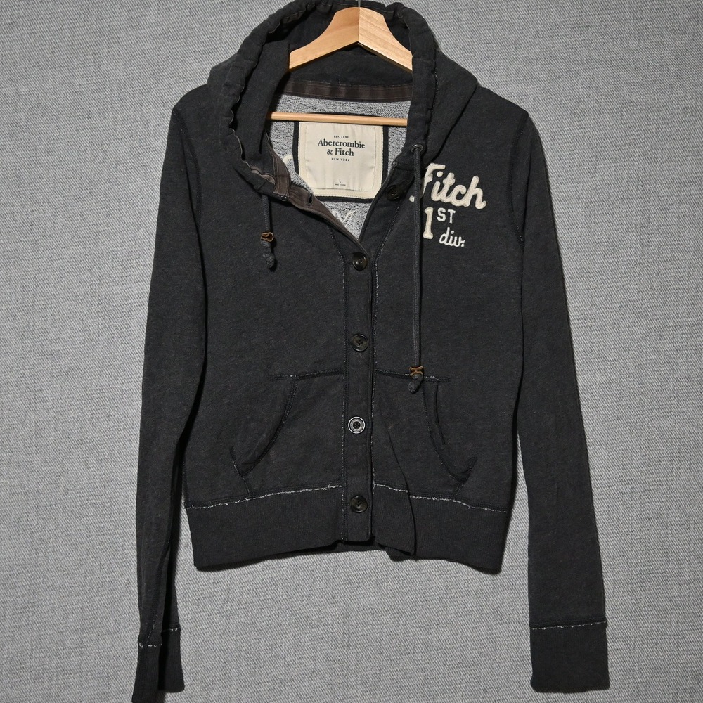 Abercrombie & Fitch Button Hoodie Womens Y2K Appliqué Large Charcoal Grey